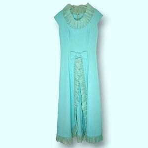 Claralura CA Custom Vintage Aqua 60s Maxi Dress Sleeveless Handmade Organza Ruff